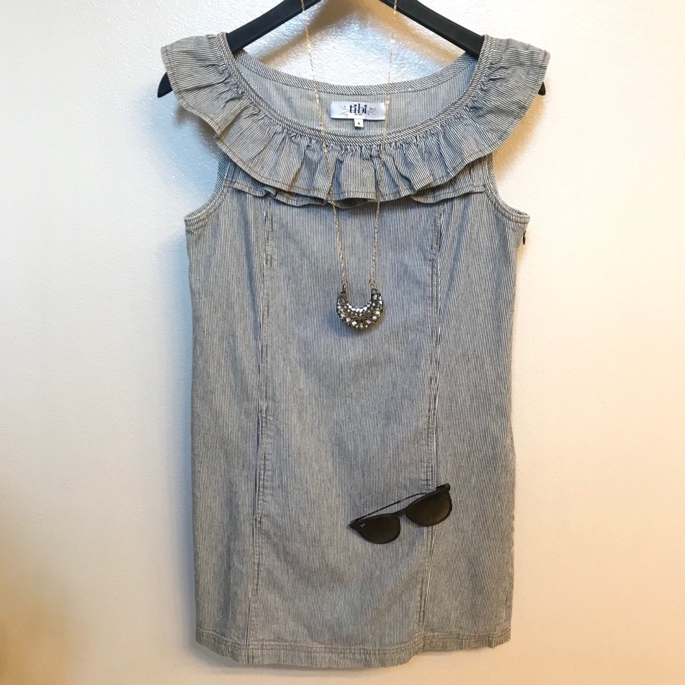 Tibi Blue and White Striped Sleeveless Shift Dress